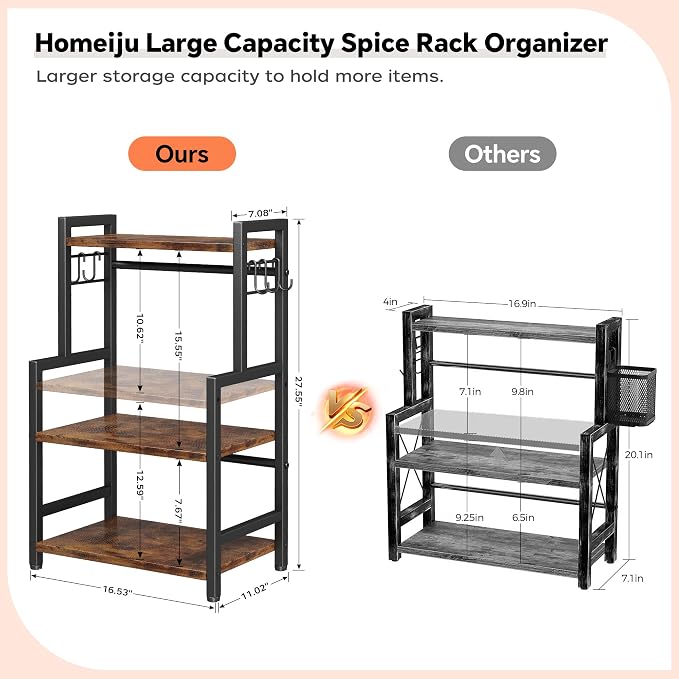 Kitchen Countertop Organizer,3 Tier Large Spice Rack Organizer with Adjustable Shelf and 5 Hooks,Wooden Counter Organizer,Space Saving Countertop Shelf Microwave Stand for Kitchen,Bathroom,Coffee Bar - Image 9
