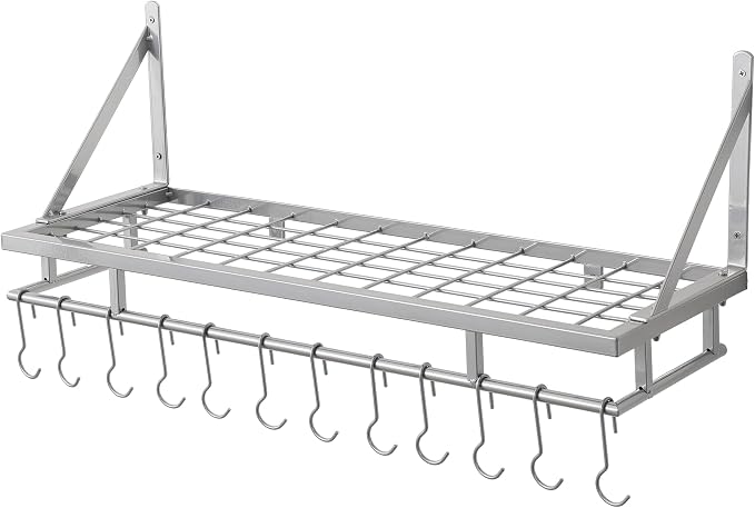 KES 30-Inch Silver Gray Pot Rack with 12 Sturdy Hooks, Wall Mounted | Holds 88 lbs, Cast Iron Pots and Pans Organizer, Kitchen Wall Hanging Hanger Shelves, Modern, KUR215S75A-SG - Image 8