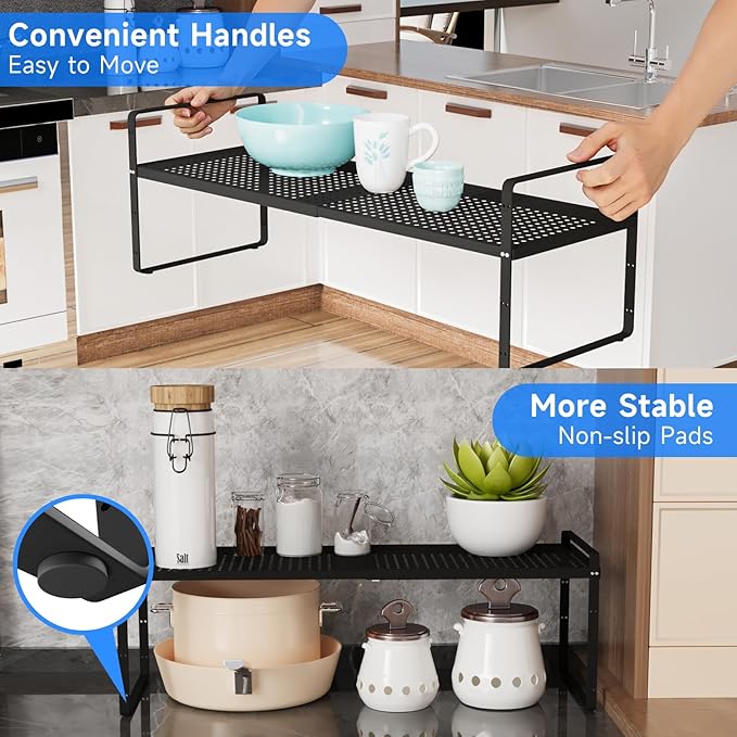 Expandable Kitchen Shelf Organizers, Kitchen Cabinet Organizer Stand Rack Organization for Countertop Office Desktop Spice Rack, Black 2 Pack - Image 5