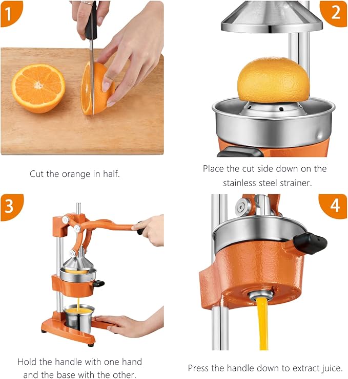 TONGCHANT Cast Iron Manual Juicer for Orange Lemon Lime Pomegranate &Citrus | Heavy Duty Orange Juicer Squeezer, Hand Press Juicer, Citrus Press, Stainless Steel Cup, Easy to Clean, Orange - Image 6
