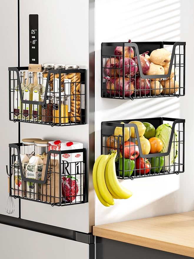 4-Pack Magnetic Fridge Shelf, Black Fruit Basket Potato Storage | Magnetic Shelf Refrigerator Organizer for Fruit & Veggie, Potato Onion Storage Bin; Multi-Use For Kitchen, Pantry & Laundry by YIWANFW