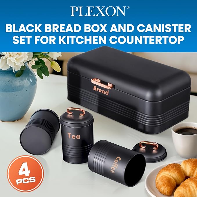 Plexon Black Bread Box for Kitchen Countertop Tea Coffee Sugar Container Set - Metal Bread Container Storage Keeper Organizer - Canister Set of 4 - Image 2