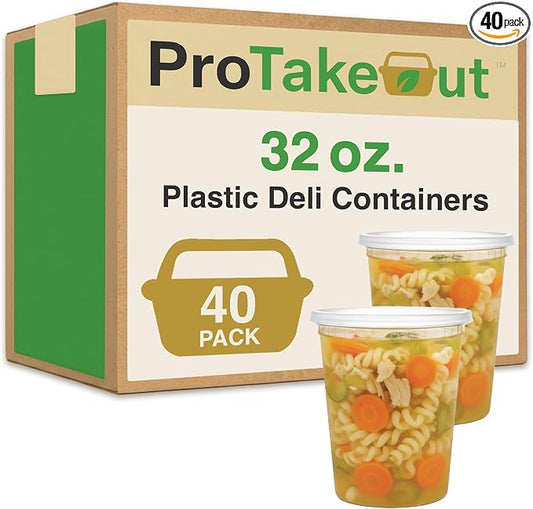 Reusable Plastic BPA-Free Food Storage Deli Container Leak‑Proof | 32oz, 40 set, Heavy Duty, Microwave, Freezer & Dishwasher Safe, Stackable by ProTakeOut