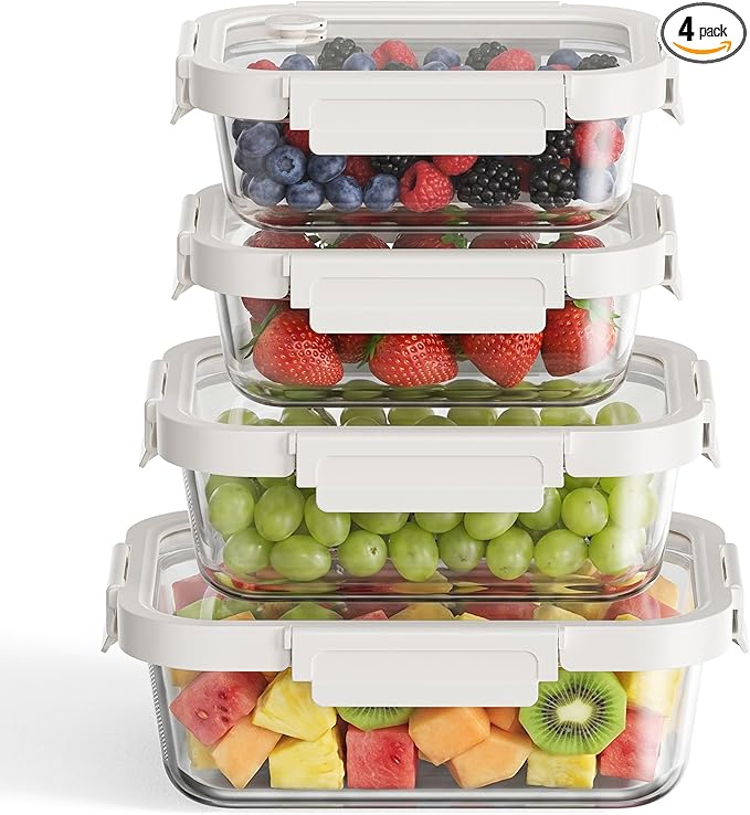 4 Pack Glass Produce Storage Containers for Fridge with Glass Lids | 82oz Borosilicate Produce & Meal Prep Containers, Airtight Leakproof BPA Free Fridge Organizer, Microwave Dishwasher Safe by GENICOOK