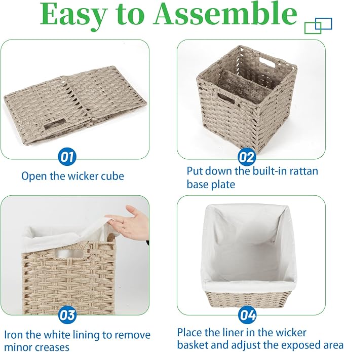Bidtakay Wicker Storage Baskets for Organizing 4-Pack Hand-Woven Imitation Wicker Cube Storage Bins with Liners for Shelves Closet Cabinet 11x11 Waterproof Cube Organizer for Pantry-Greyish Beige - Image 7
