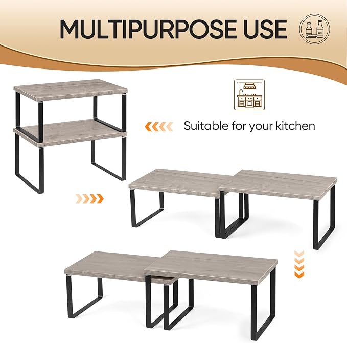 NEX Kitchen Cabinet and Counter Shelf Organizer, Shelf Riser for Pantry Countertop Cupboard Desk Top, Stackable & Expandable, Set of 4, Black and Greige | Stackable & Expandable Spice Rack, Space-Saving Pantry Organizers Bathroom Countertop Storage, Bl... - Image 5