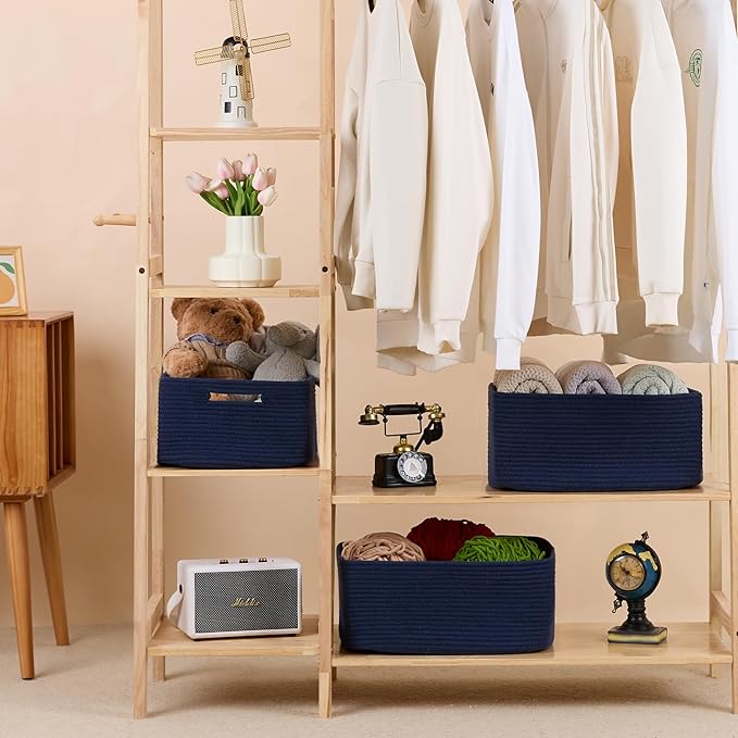 MiniArk Large Storage Baskets for Shelves, 17 x 13 x 7.5” Closet Organizers Bins for Clothes Blanket Towels, Baby Nursery, Toy Baskets Box, Woven Rope Baskets, 3 Packs Navy Blue - Image 3