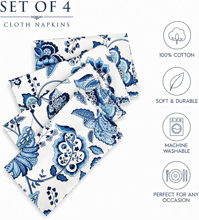 Premium Cotton Cloth Napkins Set of 4, 18x18 Inch Reusable Dinner Napkins, Soft Washable Oversized Fabric Napkins for Dining Table, Weddings, Parties & Everyday Use, Blue Floral - Image 3