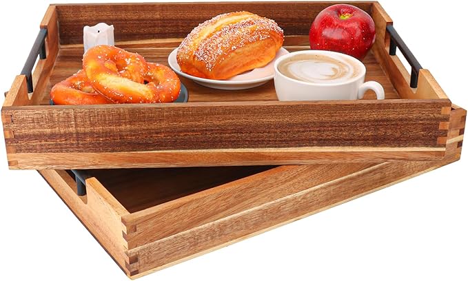 2 PCS Acacia Wood Serving Tray with Black Handles - 13 x 17 inches Premium Wooden Tray for Ottoman and Coffee Table Tray, Home Decor, Kitchen by Geytetqi