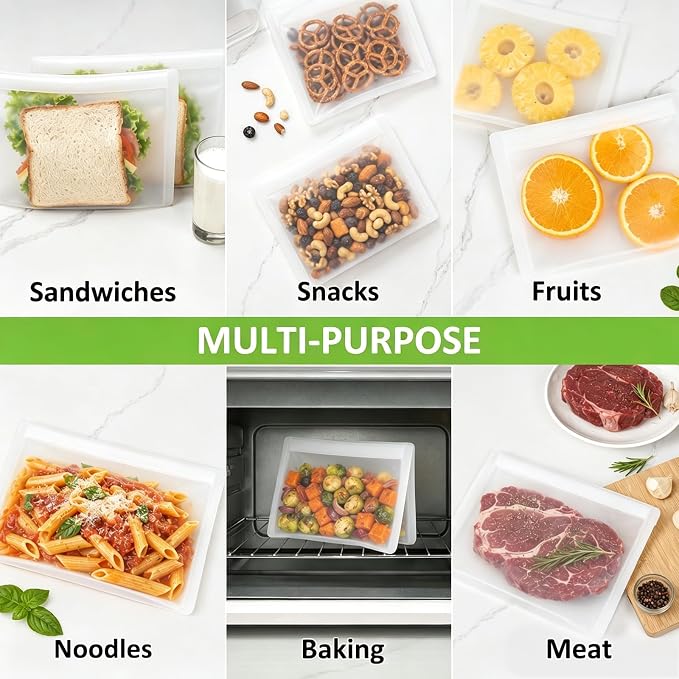 Reusable Sandwich Bags & Snack Bags Set, 8 Pack, 100% Silicone Reusable Storage Bag, Soft Shell Ziplock Silicone Food Storage Containers, Freezer Microwave Oven Dishwasher Safe, Translucent - Image 6