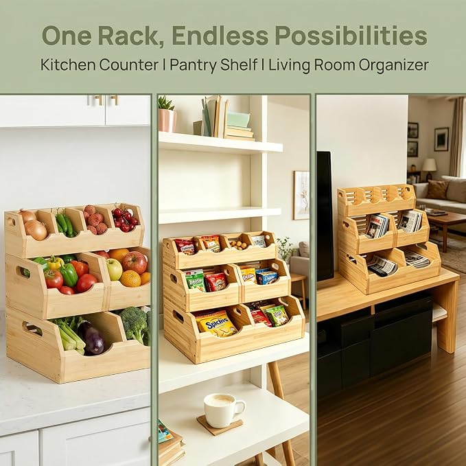3 Tier Potato and Onion Storage Bin for Pantry | Natural Bamboo Rack Top and Hollow Ventilated Bottom,Eco-Friendly Organizer for Kitchen or Bathroom - Image 5
