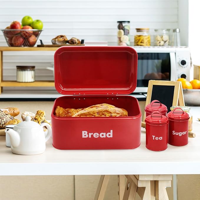Plexon Bread Box for Kitchen Countertop, Bread Container with Coffee, Tea, Sugar Canisters, Metal 4-Piece Bread Box Set with Lids, Red - Image 9