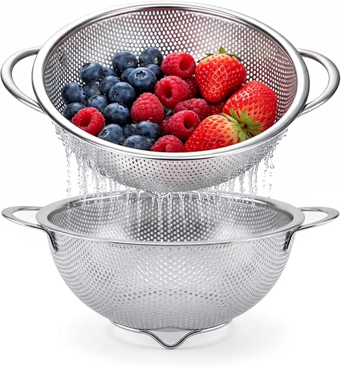 Palksky Small Colander Set of 2, 800 mL / 0.85 Qt Stainless Steel Mini Colanders with Riveted Handles, Footed Base & Micro-Perforations, Berry Wash Bowl for Berries, Fruits, Vegetables & Pasta by Palksky