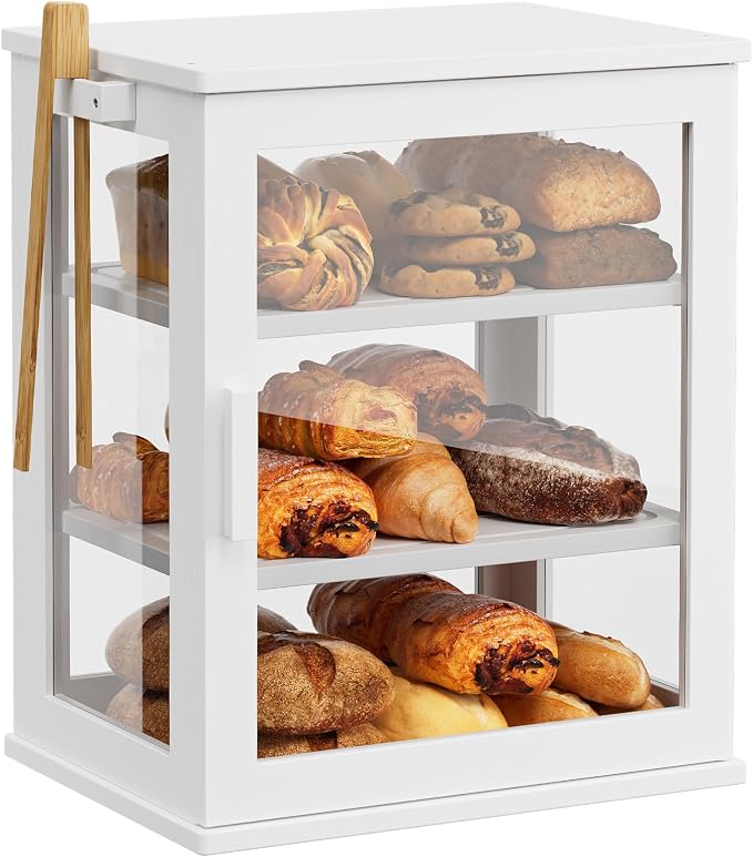 WOWLIVE Bread Box for Kitchen Countertop, 3 Layers Bread Storage Container | Large Bamboo Bread Bin for Homemade Bread with Window, Farmhouse Breadbox Organizer for Kitchen, Cabinet, White, Meduim by WOWLIVE