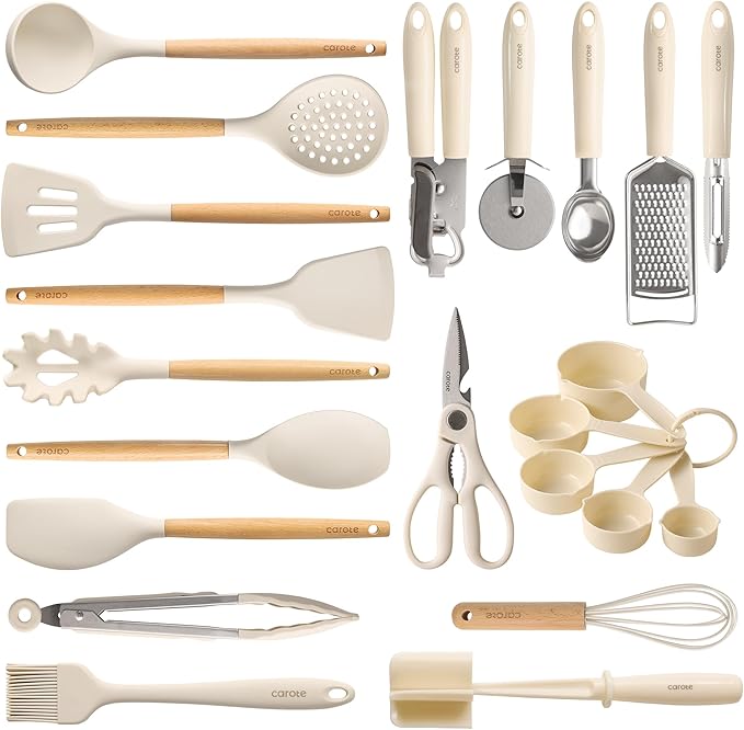 CAROTE 22-Piece Cooking Utensils Set with Wood Cool-Touch Handles, Cream | Silicone Kitchen Utensil, Food Grade, Nonstick Cookware Friendly, BPA-Free, Heat-Resistant, Everyday Home Essentials, Gifts by CAROTE