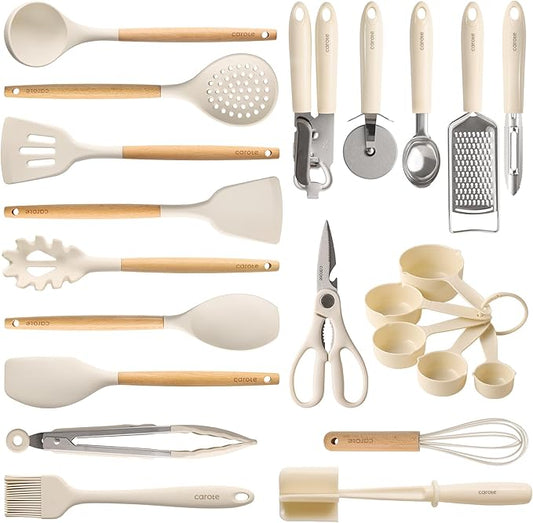 CAROTE 22-Piece Cooking Utensils Set with Wood Cool-Touch Handles, Cream | Silicone Kitchen Utensil, Food Grade, Nonstick Cookware Friendly, BPA-Free, Heat-Resistant, Everyday Home Essentials, Gifts by CAROTE
