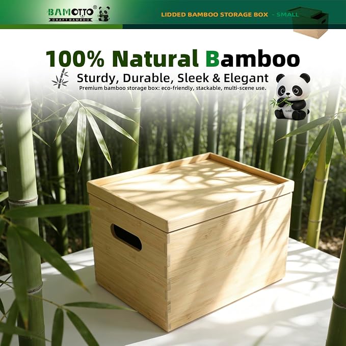 BAMOTTO CRAFTBAMBOO Stackable Bamboo Storage Bin with Lid 10.2”x7.3”x6.5” | Cutout Handles | Compact Design | Natural Bamboo Box Basket for Kitchen Pantry Drawer, Organize Tableware Snacks Toys Books - Image 6