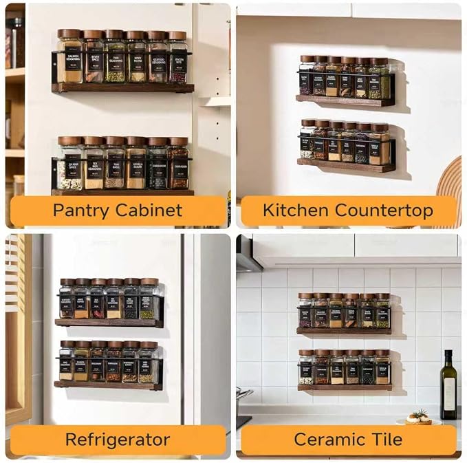 4-Tier Wall Mount Spice Rack Organizer with 24 Glass Jars, 216 Labels & Funnel - Screw/Adhesive Mount, Black Metal & Wood Spice Storage for Kitchen Pantry Cabinet, 11.6”L x 2.4”W x 3.2”H - Image 7