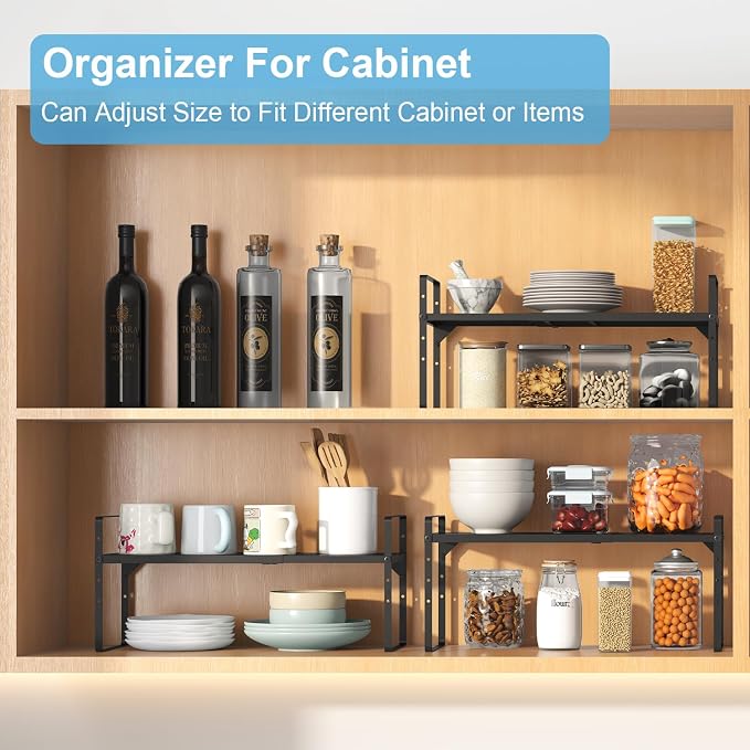 15.5 to 25.5 Inch Kitchen Cabinet Shelf Organizers, Adjustable Kitchen Counter Shelf Organizer, Set of 4 Expandable Countertop Storage Shelves, Stackable Design, 30LBS Heavy Duty, Space Saver - Image 8