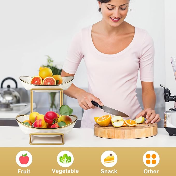 Fruit Bowl for Kitchen Counter, 2 Tier Fruit Basket for Counter, Ceramic Fruit tray, Tiered Holder with Metal Stand, Modern Detachable Rack for Vegetable Snack Dessert Storage (Gold&White) - Image 7