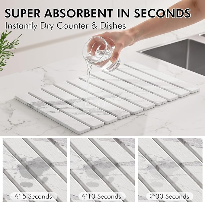 4 Pcs Diatomaceous Earth Dish Drying Mat Set, 24''x16'' Stone Dish Drying Mat, Faucet Mat and 2 Coasters for Kitchen Counter, Super Absorbent Quick Dry Mats for Dishes Bottles Cups - Image 3