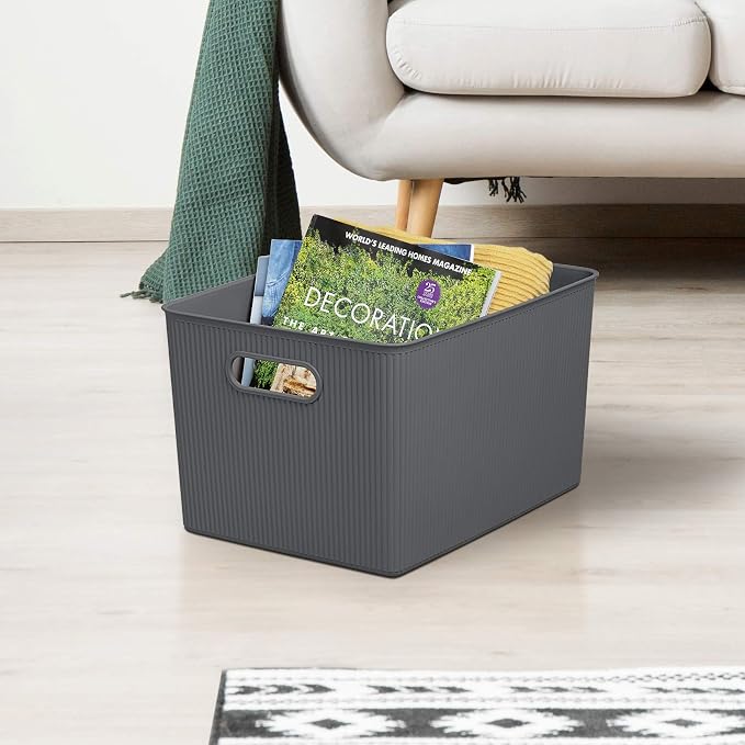 Superio Ribbed Collection - Decorative Plastic Basket Open Home Storage Bins Organizer, Grey (Set of 3) 1 X-Large, 1 Large, 1 Medium - Container Boxes for Organizing Closet Storage Bins for Shelves - Image 5