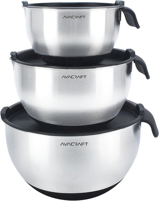 AVACRAFT 18/10 Stainless Steel Mixing Bowl Set with Lids, Black | Non-Slip Silicone Base, Ergonomic Handles, Pour Spouts, Interior Measurement Marks, Nesting Design, Dishwasher Safe by AVACRAFT