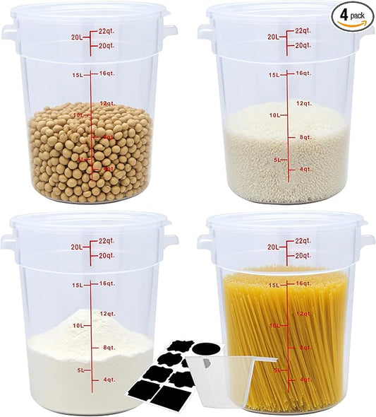 4 Pack 22QT Round Food Storage Containers with Lids | NSF, BPA-free PP containers with scale, label and measuring cup, stackable for prep, storage, freezer. Dishwasher safe by STEELUS