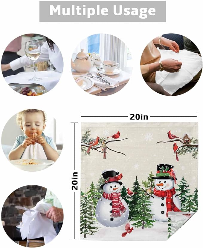 Beige Snowman Christmas Cloth Napkins, Washable and Reusable Dinner Napkins Set of 8, Xmas Tree Snowflake Winter Birds Table Napkin for Kitchen Party Birthday Wedding Hotel Housewarming 20''x20'' - Image 5