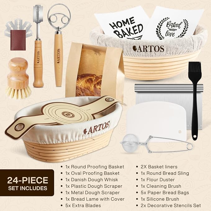 Sourdough Starter Kit | 9" Round & 10" Oval Banneton Bread Proofing Baskets | Sourdough Bread Baking Supplies with Silicone Sling Dough Whisk, Scrapers Lame, Detailed Guide & Recipes & more - Image 2