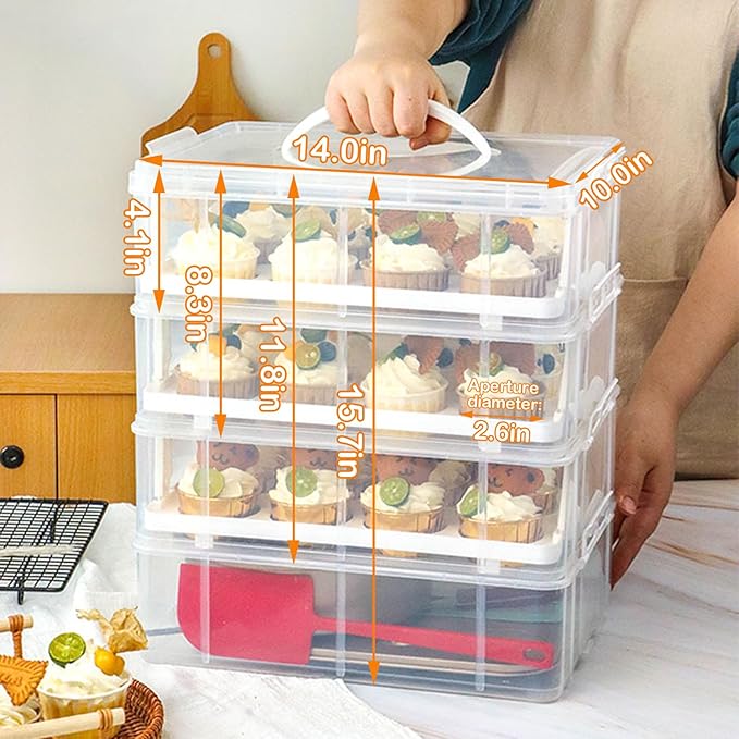 Cupcake Carrier Stackable Storage Container Collapsible Cake Carrier with Lid and Handle, with 50 PCS Cupcake liners,Reusable Plastic Dessert Travel Container,Transport Box (24 Cupcakes White) - Image 2