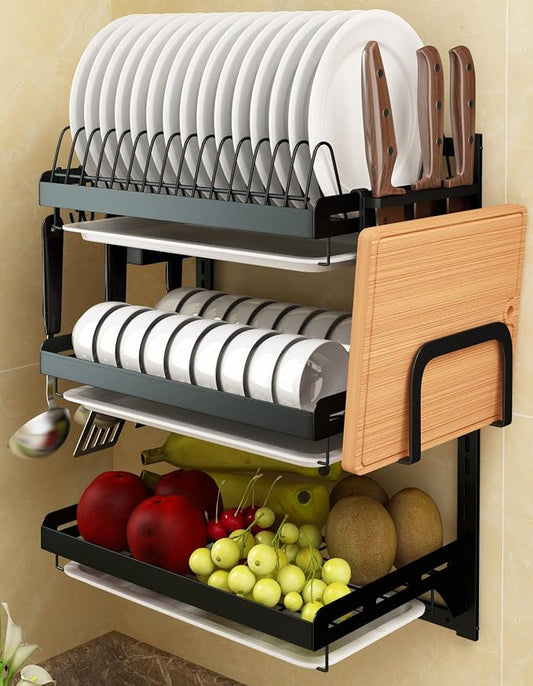 Wall Mounted Stainless Steel Dish Drying Rack Fruit Vegetable Storage Basket with Drainboard and Hanging Chopsticks Cage Knife Holder Kitchen Supplies Shelf Utensils Organizer (3-Tier) by Supfirm