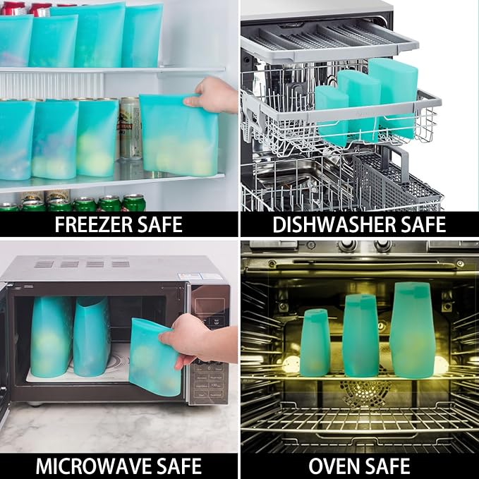 Reusable Food Bags, 8 Pack 100% Silicone Food Storage Bags Stand Up Zip Lock Container, Freezer Microwave Oven Dishwasher Safe, 4 Medium 2 Small 2 Extra Small, Aqua - Image 6