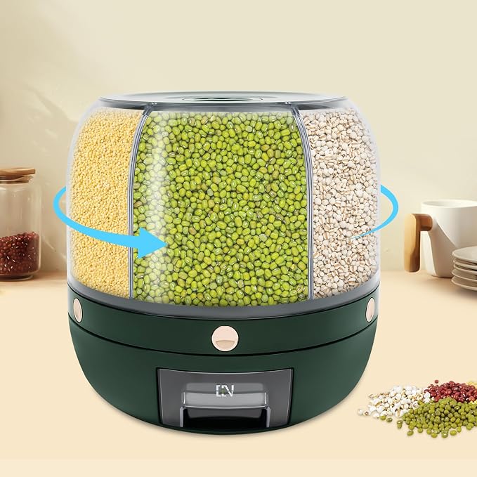 360° Rotating Grain Dispenser With 6 Grids, 13.2lbs Large Capacity Grain Dispenser Rotating Kitchen Storage Containers With Sealed Lid For Peanut Barley Millet And Cereal (Green, 13.2 lbs) - Image 3