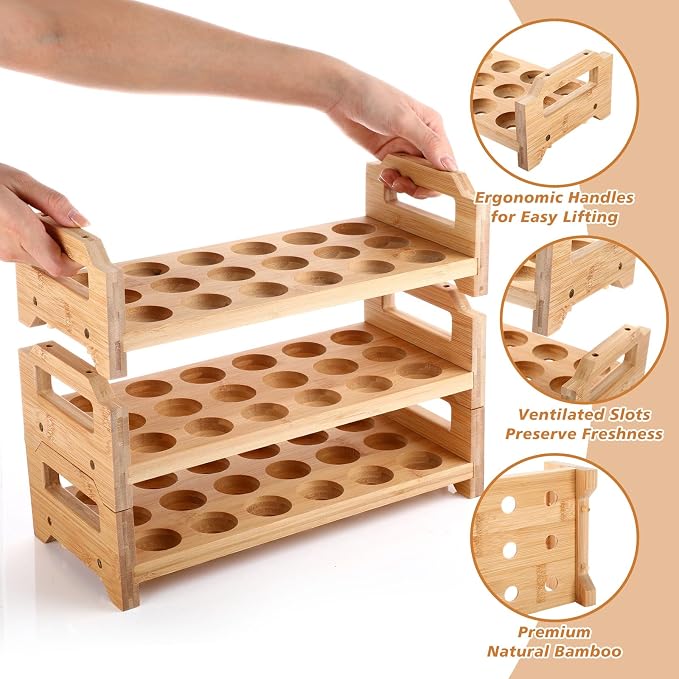 Reallnaive 4 Tier Wooden Egg Holder for Countertop, Bamboo Stackable Fresh Eggs Storage Farmhouse Collecting Rack for Gathering Kitchen Organizer or Easter Egg Display, Stackable with 72 Eggs(Wood) - Image 3