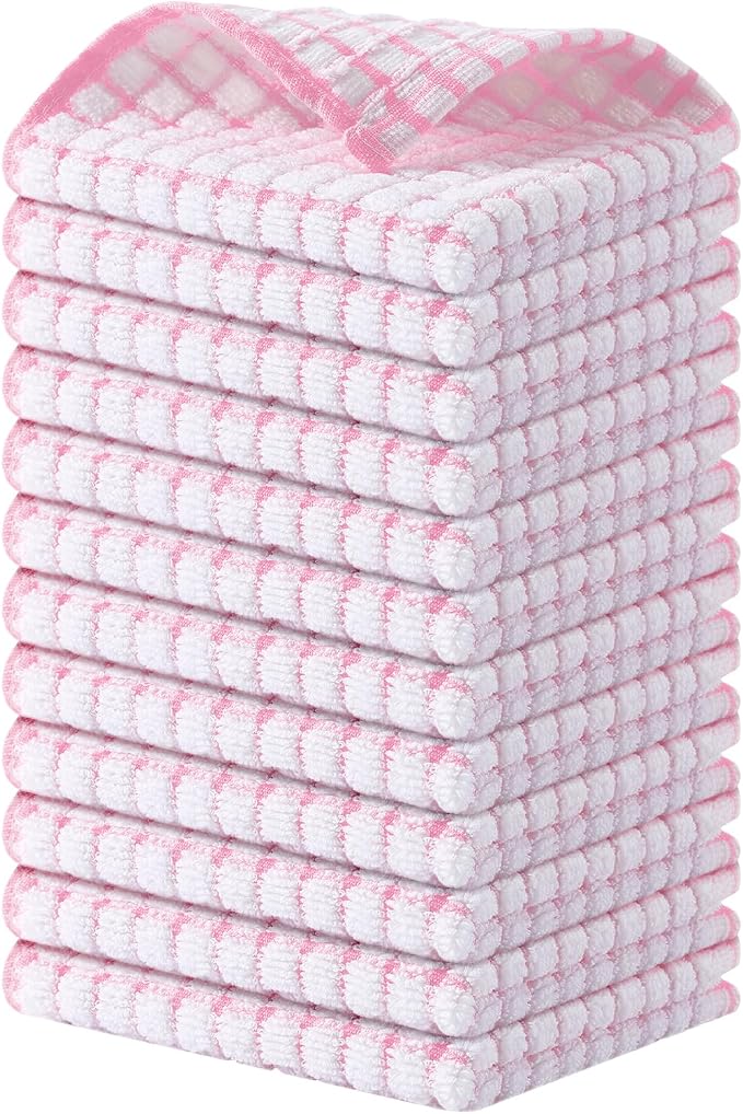 Kitinjoy Cotton 12 Pack Terry Kitchen Dish Cloths, Pink | 12 x 12 Inches Super Soft and Absorbent Dish Rags, Quick Drying Dish towels for Washing Dishes by Kitinjoy