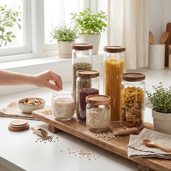 SiliFine 6 Set Glass Pantry Storage Jar with Acacia Airtight Lid 3 Size Glass Storage Container Jar for Pasta Spaghetti Cereal Coffee Bean Flour Sugar Rice, 17oz, 35oz, 53oz (Wood Lid) - Image 5