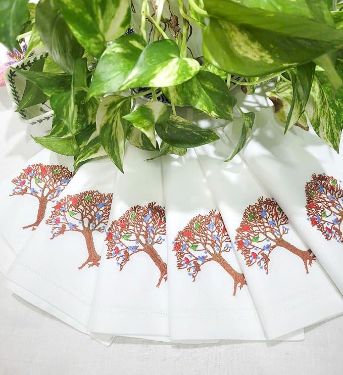 Embroidered Cotton Napkins with Tree of Life and Birds. Set of 6, 18"x18" White Table Napkins, Hemstitch Dinner, Party Napkins for Daily & Holidays, Events - Image 7