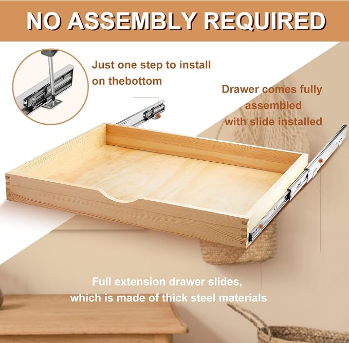 2 Set Wooden Pull out Cabinet Organizer Fully Assembled Slide out Pantry Drawer with Gentle Close Storage Shelf Tray for Base Kitchen Under Sink Bathroom Accessory(Wood Color,27'' X 21'' X 3") - Image 4