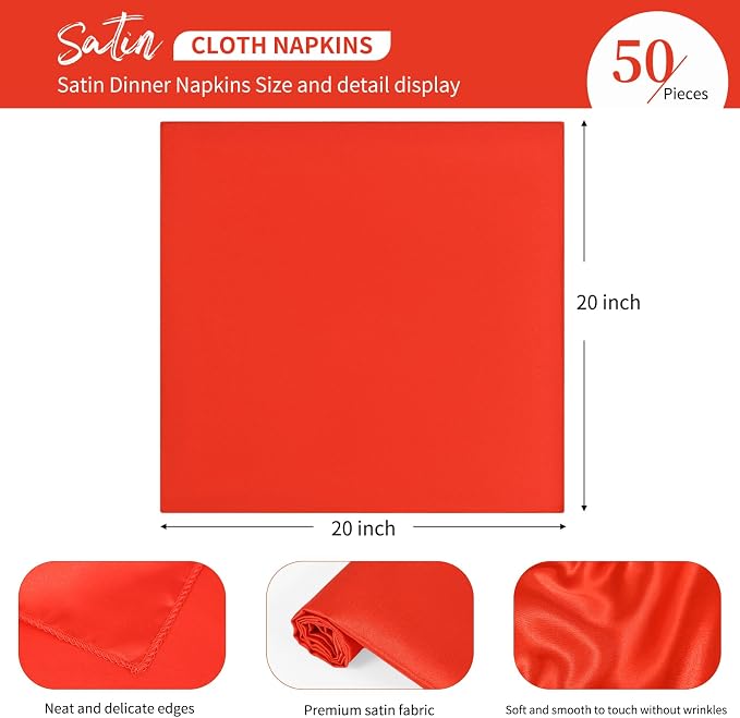 50 PCS Red Square Satin Cloth Napkins, 20 X 20 Inch | Soft Smooth, Washable Reusable, Silk Dinner Table Napkins Bulk, for Weddings Parties Banquets Dining and Restaurants - Image 3