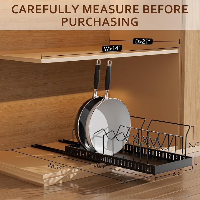 Black Pull Out Pot Lid Organizer, Cabinet Pan Rack, 10 Dividers | 2-pack black carbon steel rack, 16 adjustable dividers, quiet slide rails, adhesive or screw mount for lids, pans, bakeware - Image 2