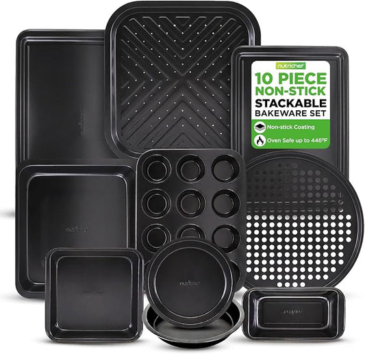 10-Piece Nonstick Bakeware Set - PFOA PFOS PTFE Free Food Grade Safe Carbon Steel Baking Tray Set - Oven Safe Up to 446°F, Pizza, Loaf, Muffin, Round/Square Pans, Cookie Sheet, Etc - NutriChef NCBS10S by NutriChef%E2%84%A2Kitchen