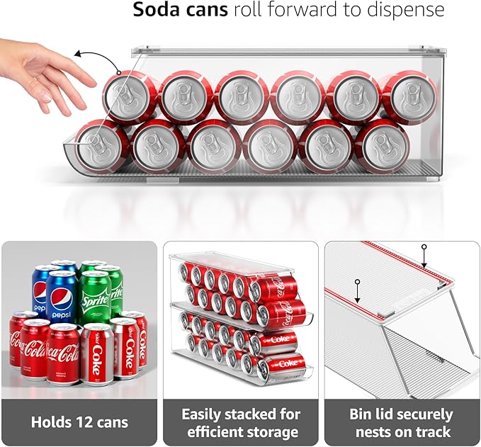 Sorbus Soda Can Organizer for Refrigerator Stackable Can Holder Dispenser with Lid for Fridge, Pantry, Freezer – Holds 12 Cans Each, BPA-Free, Clear Design, (2-Pack) - Image 6