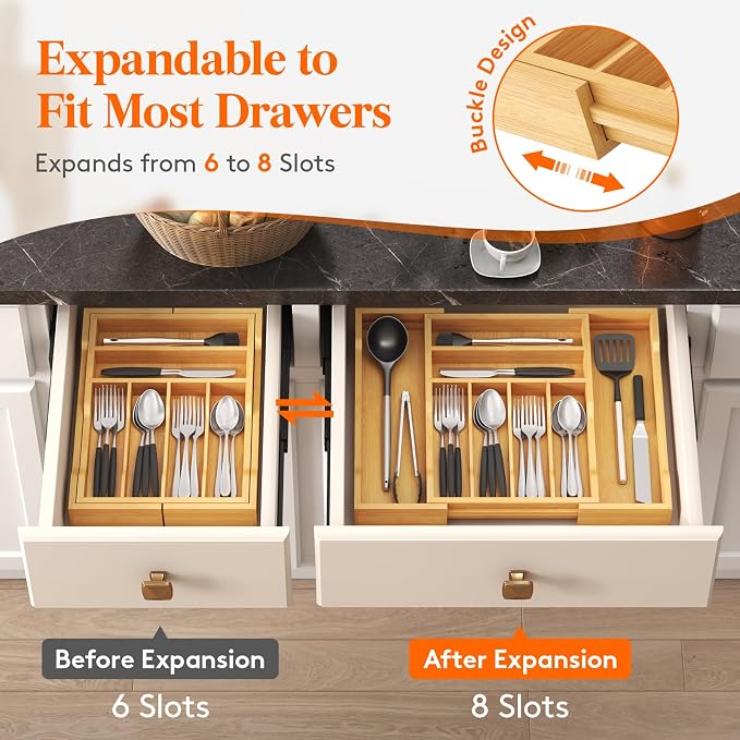 Lifewit Silverware Drawer Organizer, Wooden Utensil Tray for Kitchen | Expandable Flatware and Cutlery Holder, Adjustable Storage for Spoons Forks Knives, 10.8-18.5 x 15", Natural - Image 7