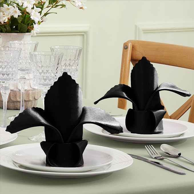 VACVELT 100 Pack Black Scalloped Satin Napkins 17x17 Inch Wedding | Scalloped Floral Edges With Silky Smooth Finish, Seamless Design, Machine Washable Wrinkle And Fade Resistant - Image 2