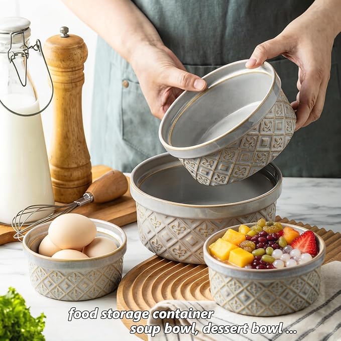 Ceramic Mixing Bowls with Lids Set of 4, Embossed Nesting Storage Bowls for Cooking, Serving, Salad, Popcorn etc, Microwave and Dishwasher Safe, Baking Dishes 12/16/28/40 oz (Gray) - Image 6