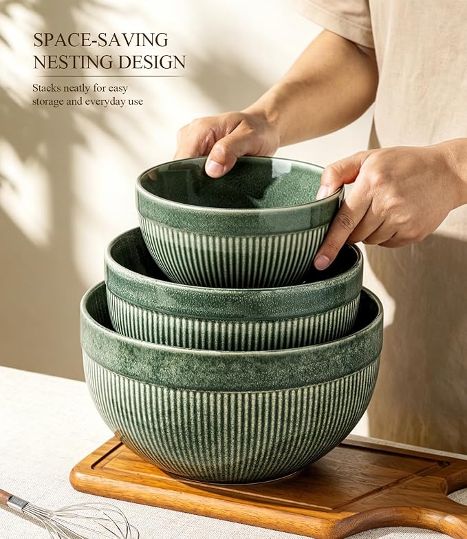 GBhome Ceramic Mixing Bowls Set of 3, Stoneware Nesting Serving Bowls, | 45/90/150 oz For Prep, Baking, Serving, Gift, Microwave and Dishwasher Safe, Ribbed Dishware Collection,Dark Green - Image 8