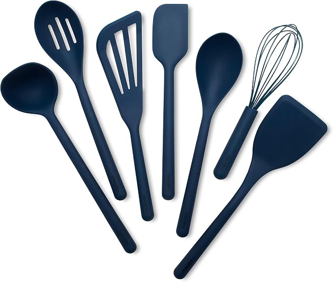 GreenPan Silicone 7 Piece Cooking Utensil Set, Ladle, Turners, Spatula, Spoons, Whisk, Flexible Nonstick Kitchen Tools Rigid Steel Core, Heat-Resistant, Anti-Slip Handle BPA-Free Dishwasher Safe, Blue by GreenPan
