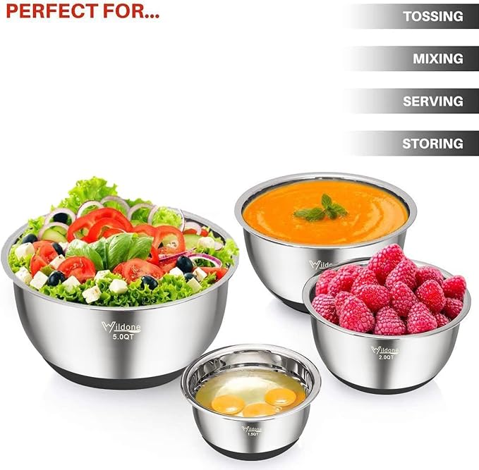 Wildone Mixing Bowls with Lids Set, Stainless Steel Mixing Bowls Set of 5 | Large Prep Metal Bowl Set with Non-slip Bottoms, Size 8, 5, 3, 2, 1.5 QT, Airtight Lids, Thicker Stainless Steel - Image 5