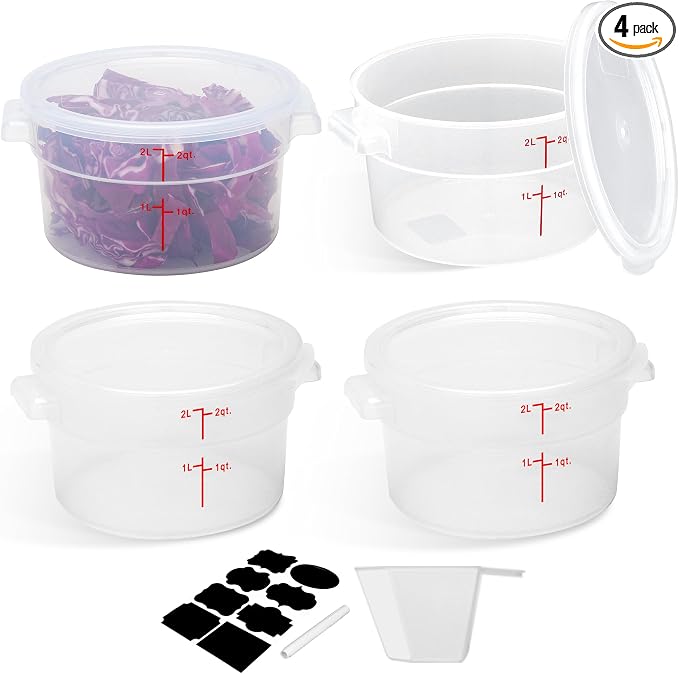 BIEAMA 4 Pack 2 Qt Round Food Storage Containers with Lids, Translucent PP | Include lids, labels, measuring cups and containers with capacity markings for food prep, pantry storage and dough proofing. by BIEAMA